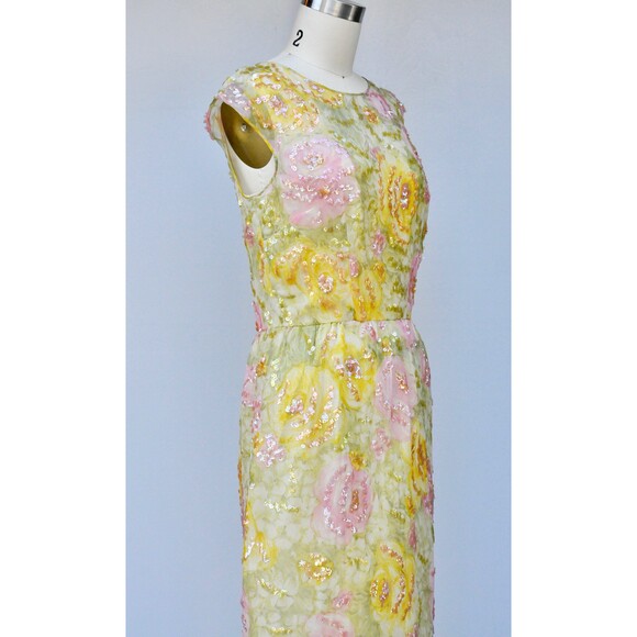 Nat Kaplan SILK Floral 50s Dress Sequined Beaded Pencil Wiggle Dress Bombshell - Picture 7 of 10